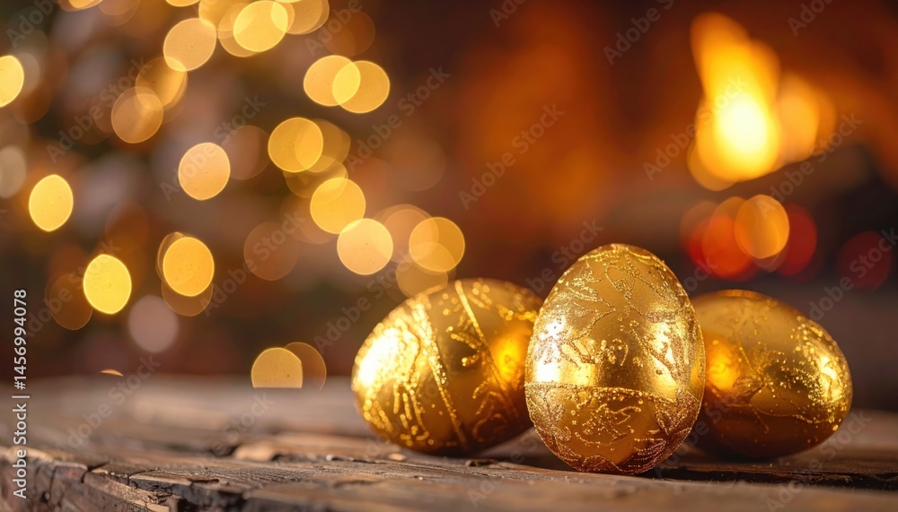 Three golden Easter eggs rest on rustic wood, with warm, glowing bokeh lights and a cozy fireplace in the background.