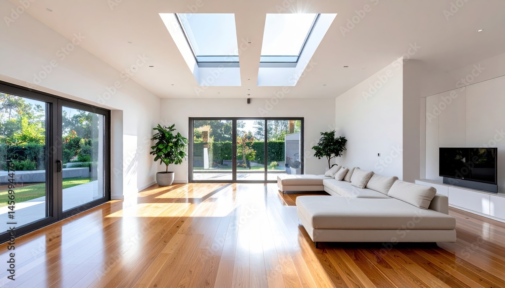 Spacious modern living room with large windows, skylights, wooden floors, white sofa, indoor plants, and abundant natural light.