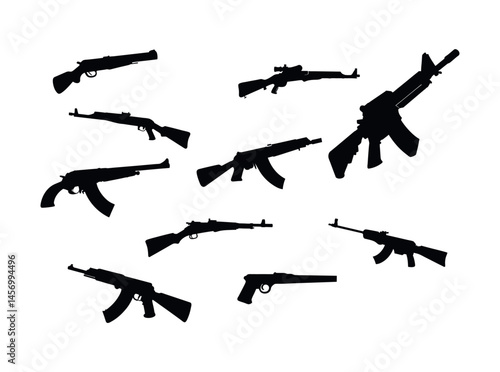 Silhouette illustration of various assault rifles, black silhouettes of different types of firearms, including rifles and pistols. firearms, weapons, guns, rifles, pistols, shotguns, assault rifles, m