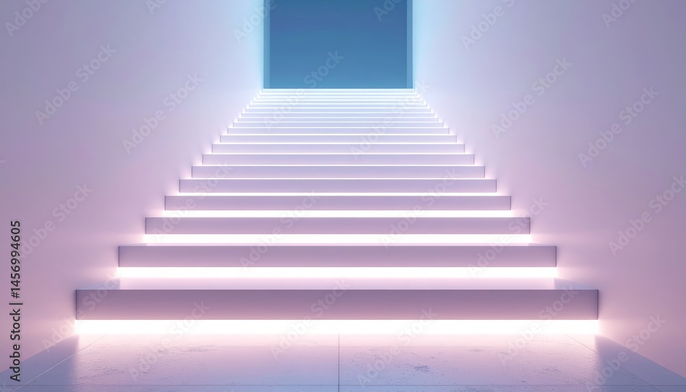 A minimalist, illuminated staircase ascends toward a glowing doorway in a futuristic, clean white space.