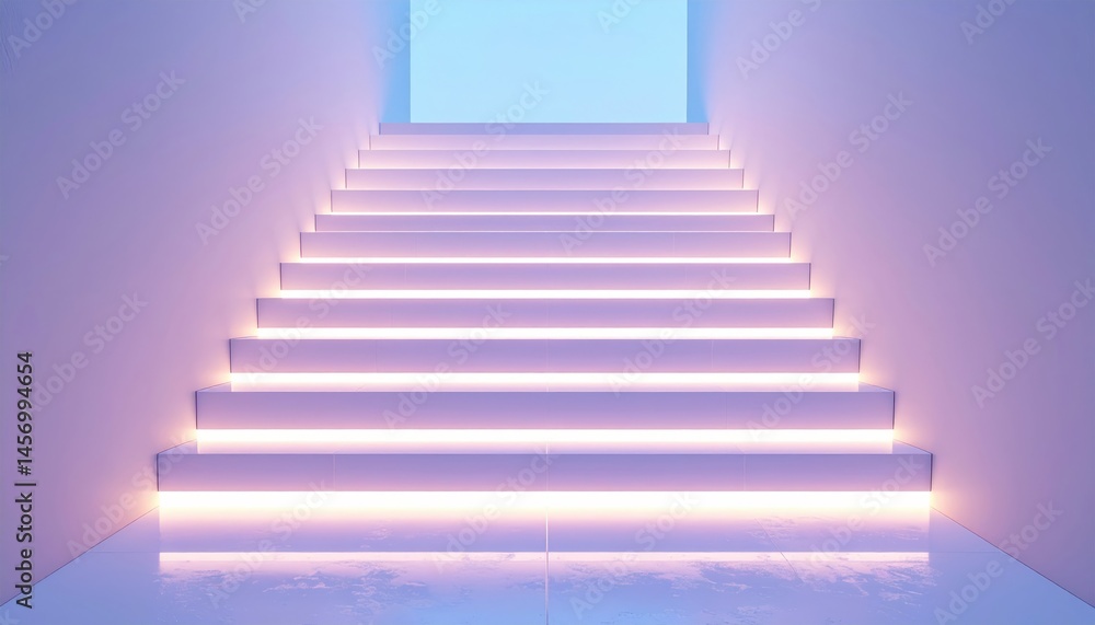 A modern, illuminated staircase with glowing steps leading upward in a minimalistic, futuristic environment.