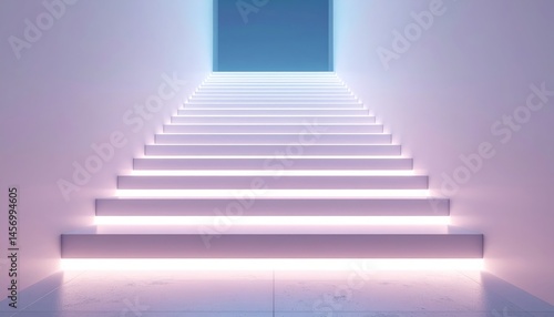 Obraz na płótnie A minimalist, illuminated staircase ascends toward a glowing doorway in a futuristic, clean white space. w salonie