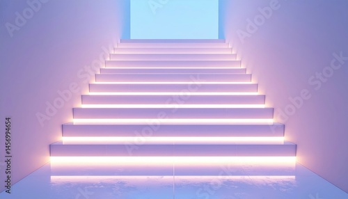 Obraz na płótnie A modern, illuminated staircase with glowing steps leading upward in a minimalistic, futuristic environment. w salonie