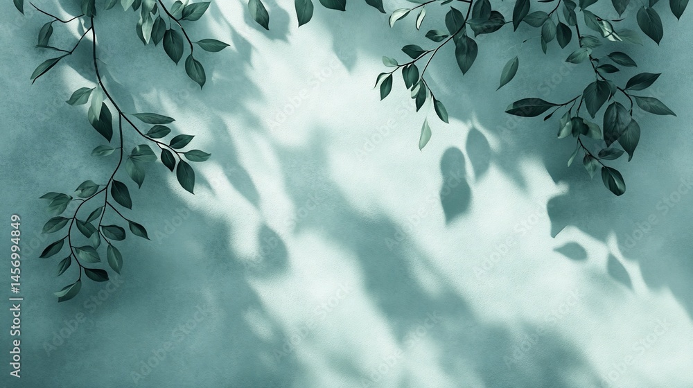 Green leaves and shadows on a teal background. Green leaves and shadows on a teal background.