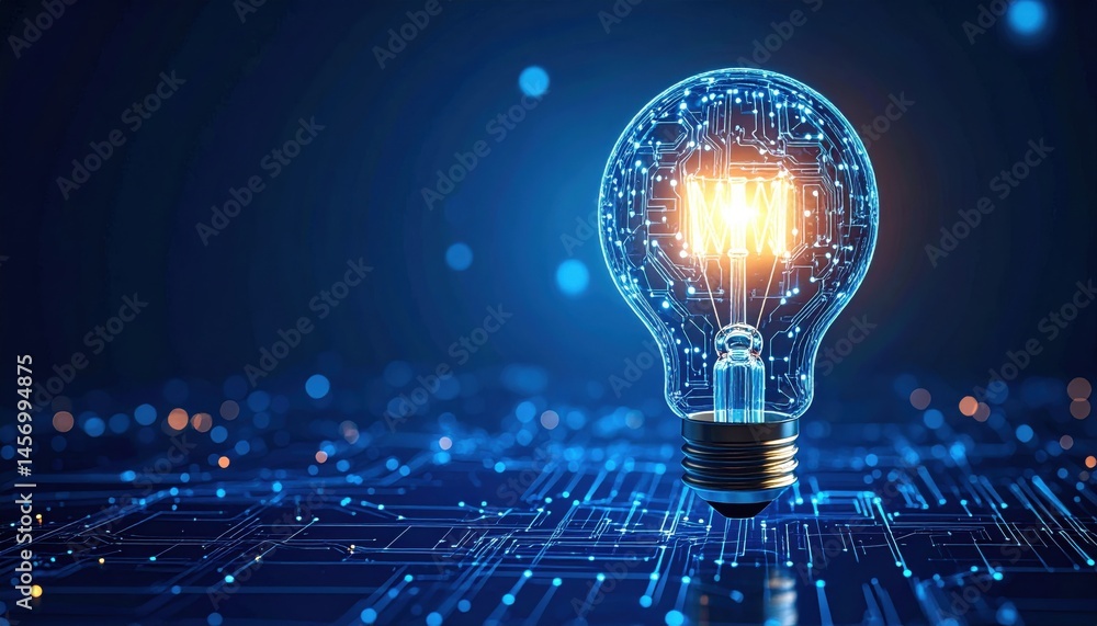 A glowing light bulb with circuit patterns symbolizes innovation and technology on a digital blue background.