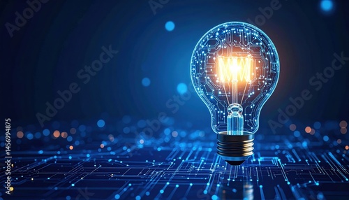 Obraz na płótnie A glowing light bulb with circuit patterns symbolizes innovation and technology on a digital blue background. w salonie
