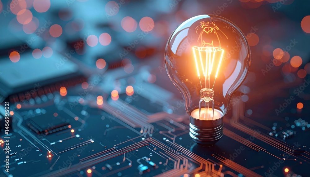 A glowing light bulb sits on a circuit board, symbolizing innovation, technology, and creative ideas in a high-tech environment.