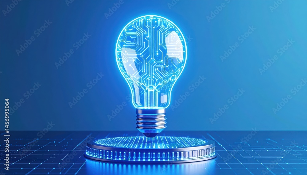 A glowing digital light bulb with circuit patterns hovers above a futuristic platform, symbolizing innovation and technology.