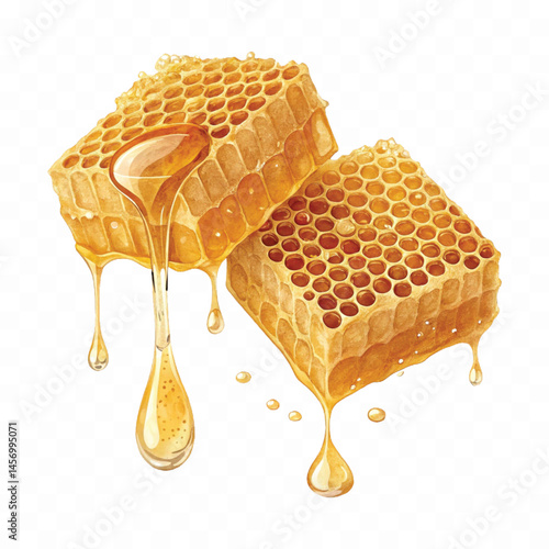 realistic glossy honeycomb dripping liquid honey isolated on transparent background