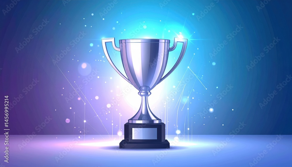 Gleaming silver trophy cup on a glowing, futuristic background, symbolizing achievement, victory, and celebration.