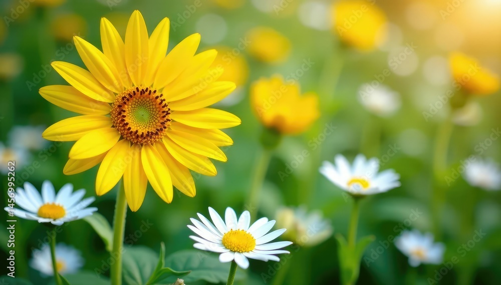 Obraz premium One bright yellow sunflower among white daisies, sunflower, white background