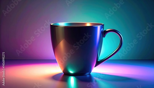 A metallic cup illuminated by vibrant, colorful lights, creating a striking and modern visual effect on the surface and background.