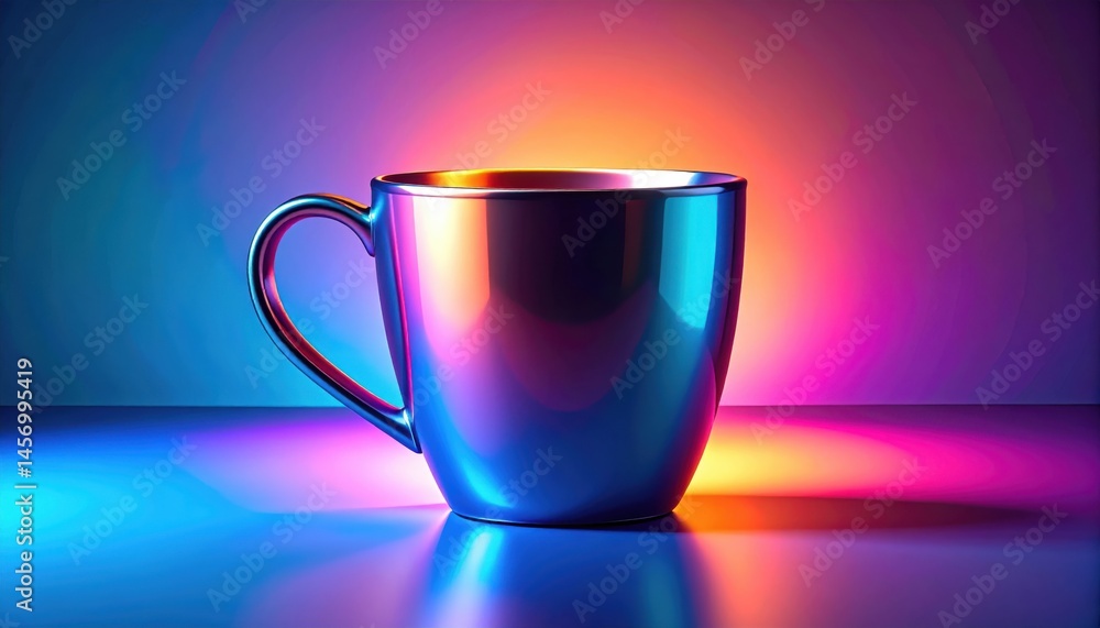 A metallic mug glows with vibrant, colorful lighting on a reflective surface, creating a striking and modern visual effect.