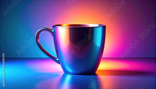 Obraz na płótnie A metallic mug glows with vibrant, colorful lighting on a reflective surface, creating a striking and modern visual effect. w salonie