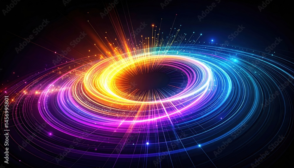 A vibrant, glowing ring of multicolored light streaks radiates against a dark background, creating a dynamic and futuristic visual effect.