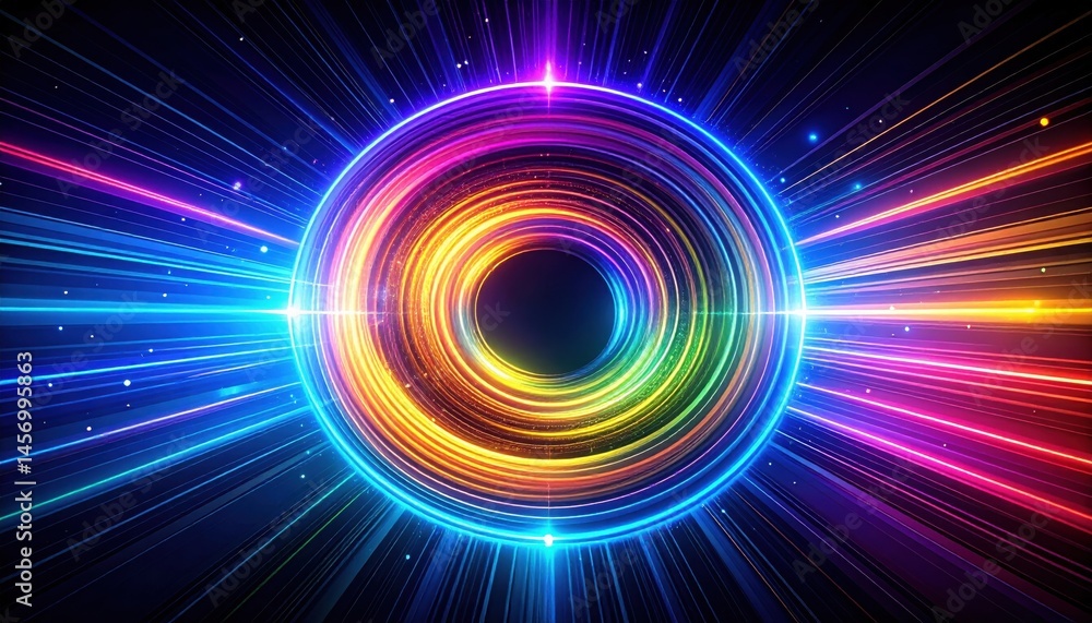 A vibrant, glowing circular pattern with radiating rainbow-colored light beams against a dark background.