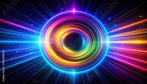 Obraz na płótnie A vibrant, glowing circular pattern with radiating rainbow-colored light beams against a dark background. w salonie