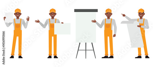 General maintenance and handyman service character vector illustration design set. Men holding blank paper and presentation.