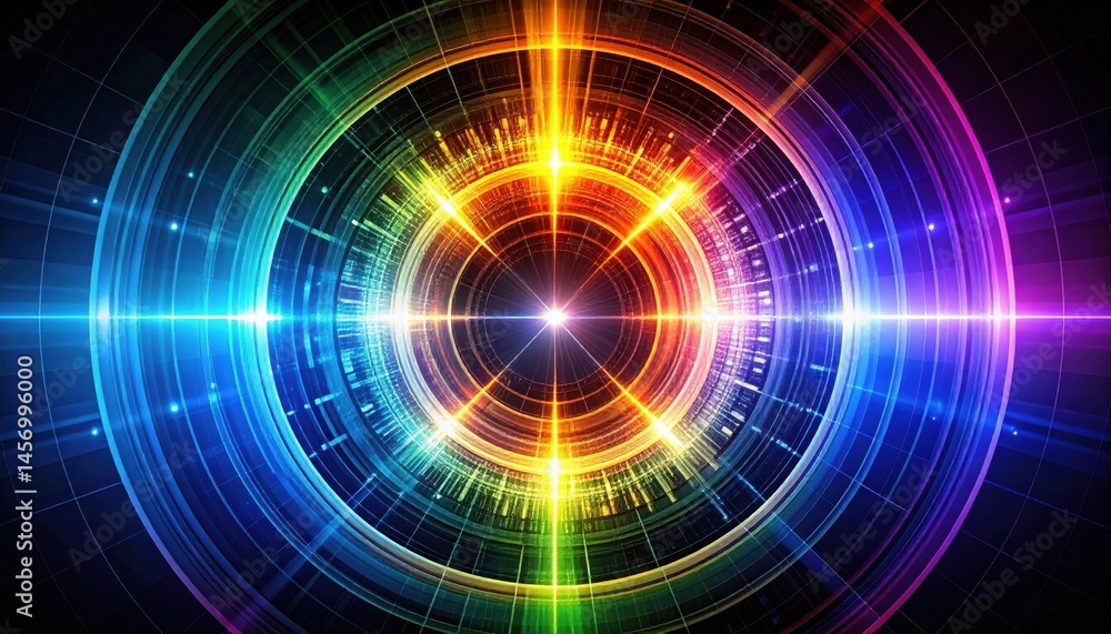A vibrant, futuristic digital circle with radiant rainbow colors and glowing, symmetrical patterns on a dark background.