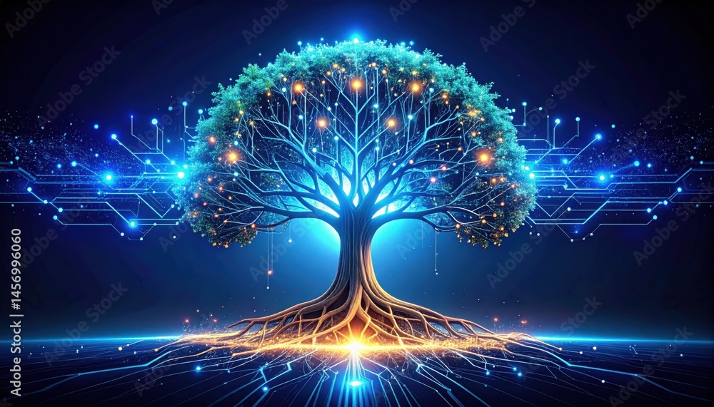 A glowing digital tree with circuit-like branches symbolizes the fusion of nature and technology against a dark, futuristic background.