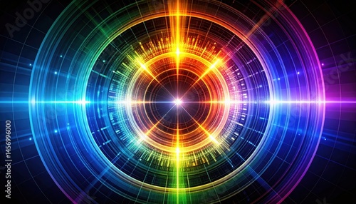 Obraz na płótnie A vibrant, futuristic digital circle with radiant rainbow colors and glowing, symmetrical patterns on a dark background. w salonie
