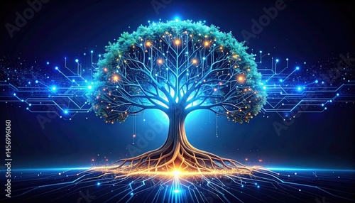 A glowing digital tree with circuit-like branches symbolizes the fusion of nature and technology against a dark, futuristic background.