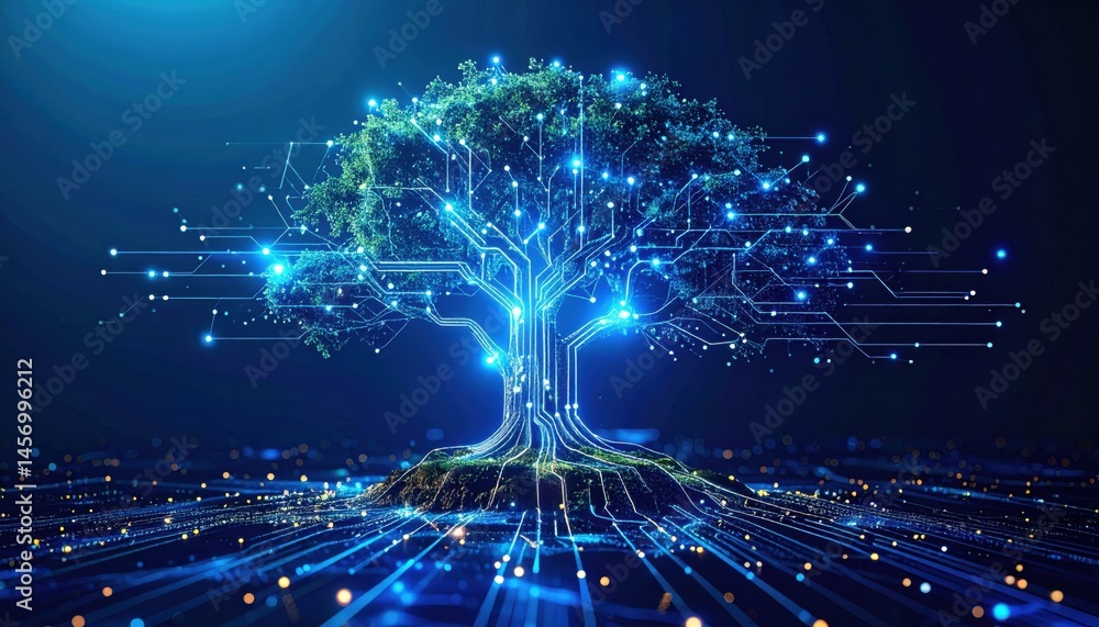 A glowing digital tree merges with circuitry, symbolizing the connection between technology and nature in a futuristic environment.