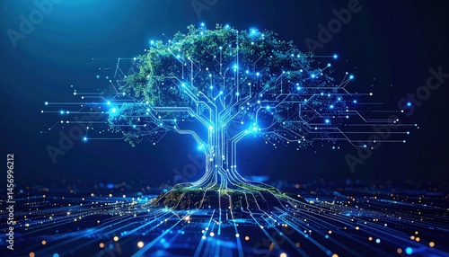 Obraz na płótnie A glowing digital tree merges with circuitry, symbolizing the connection between technology and nature in a futuristic environment. w salonie