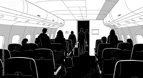 Airline passengers boarding on a flight in a minimalist style  