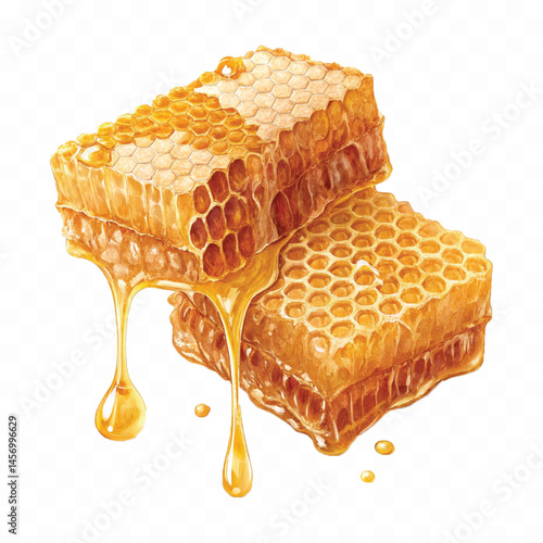 realistic glossy honeycomb dripping liquid honey isolated on transparent background