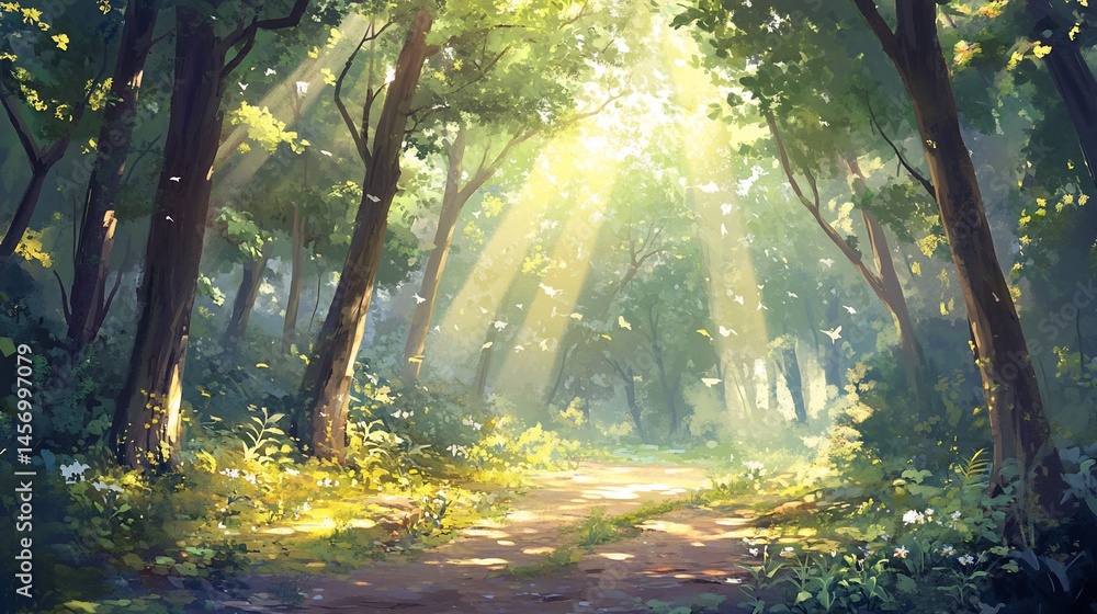 Fototapeta premium Sunbeams illuminate a path through a lush green forest.