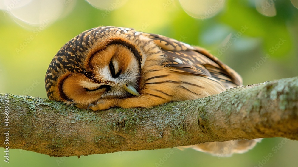Fototapeta premium A fluffy owl sleeps soundly on a tree branch, eyes closed, nestled in its feathers.