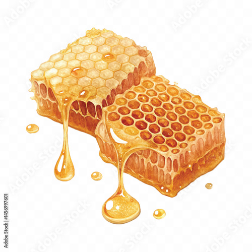 realistic glossy honeycomb dripping liquid honey isolated on transparent background