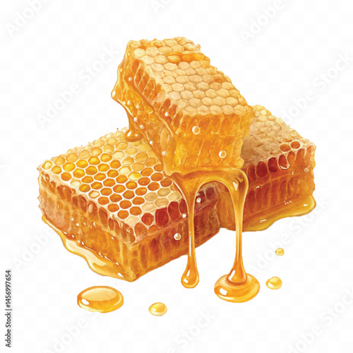 realistic glossy honeycomb dripping liquid honey isolated on transparent background