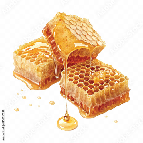 realistic glossy honeycomb dripping liquid honey isolated on transparent background