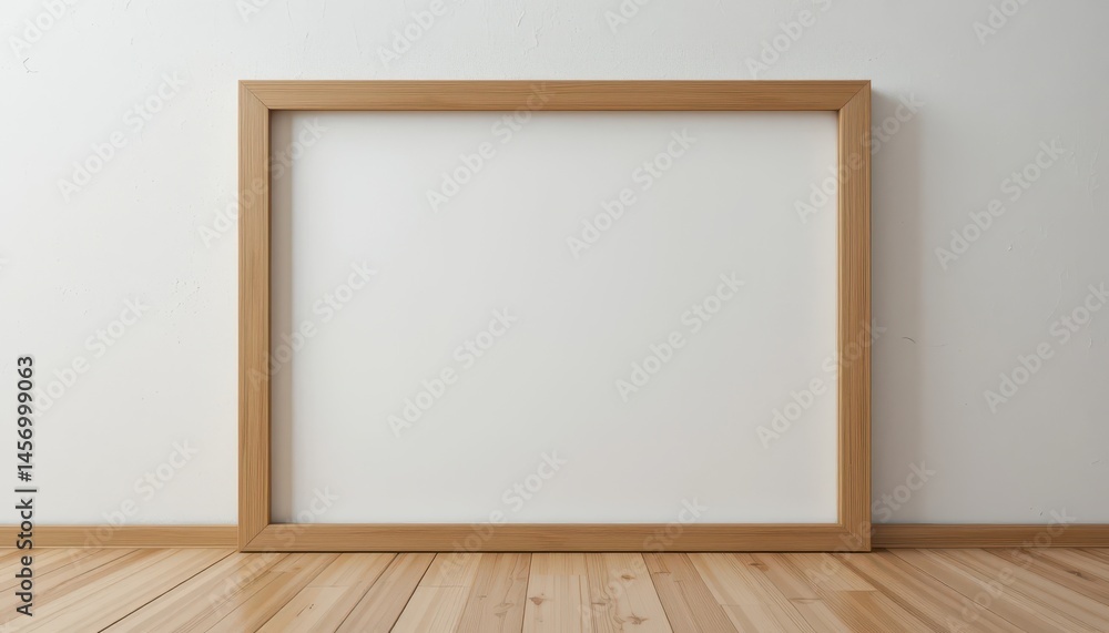 Empty light-brown wooden picture frame on a light-colored floor. Empty light-brown wooden picture frame on a light-colored floor.
