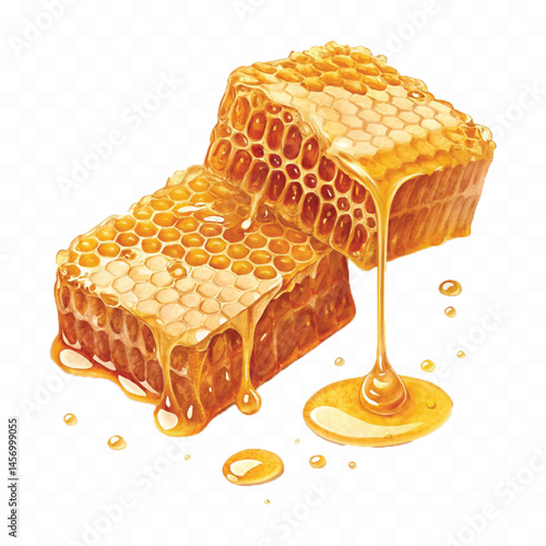realistic glossy honeycomb dripping liquid honey isolated on transparent background