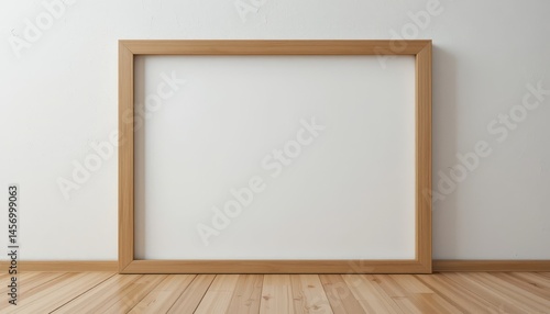Empty light-brown wooden picture frame on a light-colored floor.