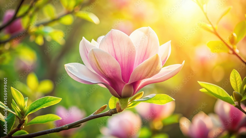 Fototapeta premium A delicate magnolia blossom bathed in the warm glow of sunrise, its petals unfurling in vibrant spring light, surrounded by lush greenery and other blossoms in soft focus.