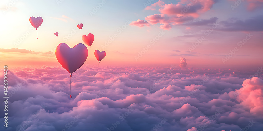 Fototapeta premium HeartShaped Balloons Soar Above a Pink Sunset Sky