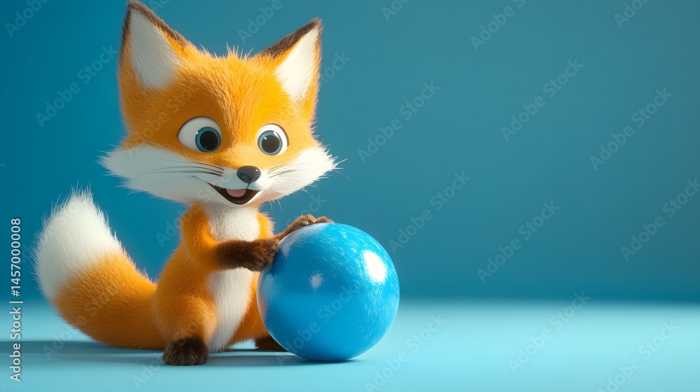 Fototapeta premium Playful fox character holding a blue sphere.