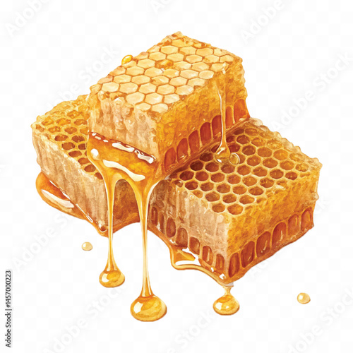 realistic glossy honeycomb dripping liquid honey isolated on transparent background