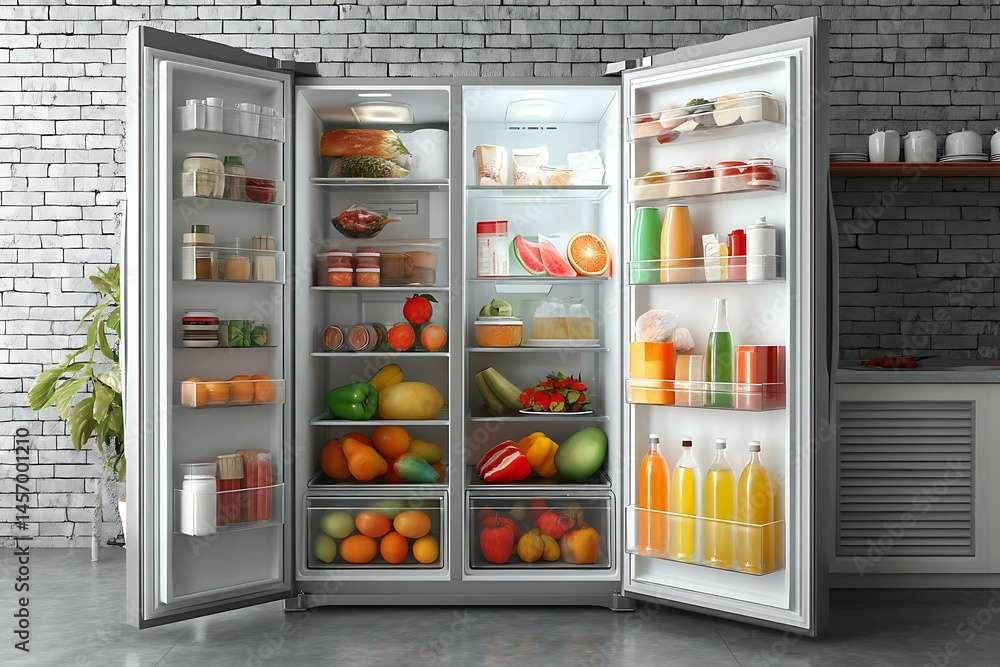 Full Open Refrigerator with Food and Drinks Full Open Refrigerator with Food and Drinks