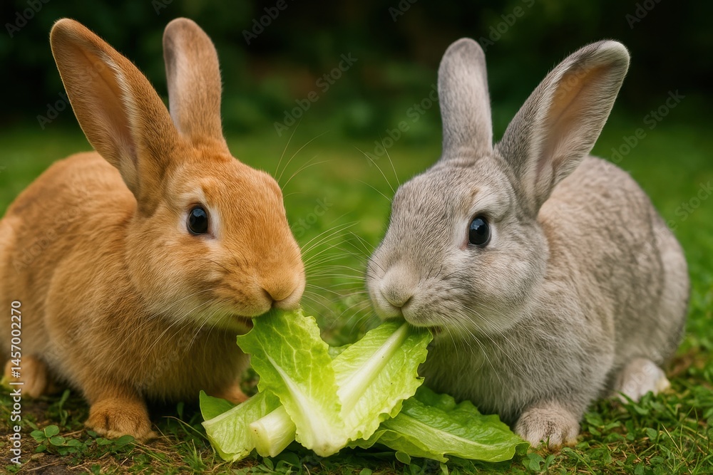 Fototapeta premium Two Rabbits Sharing Lettuce