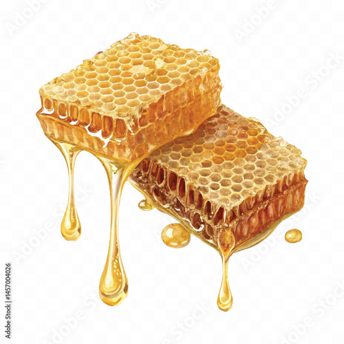 realistic glossy honeycomb dripping liquid honey isolated on transparent background