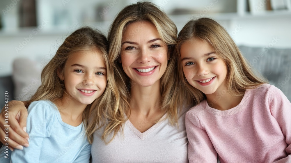Happy Family Portrait of Mother and Two Daughters Happy Family Portrait of Mother and Two Daughters