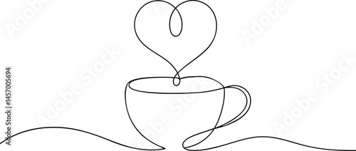 Continuous one line drawing of a coffee cup with heart-shaped steam, cozy and warm minimal design on a clean white background

