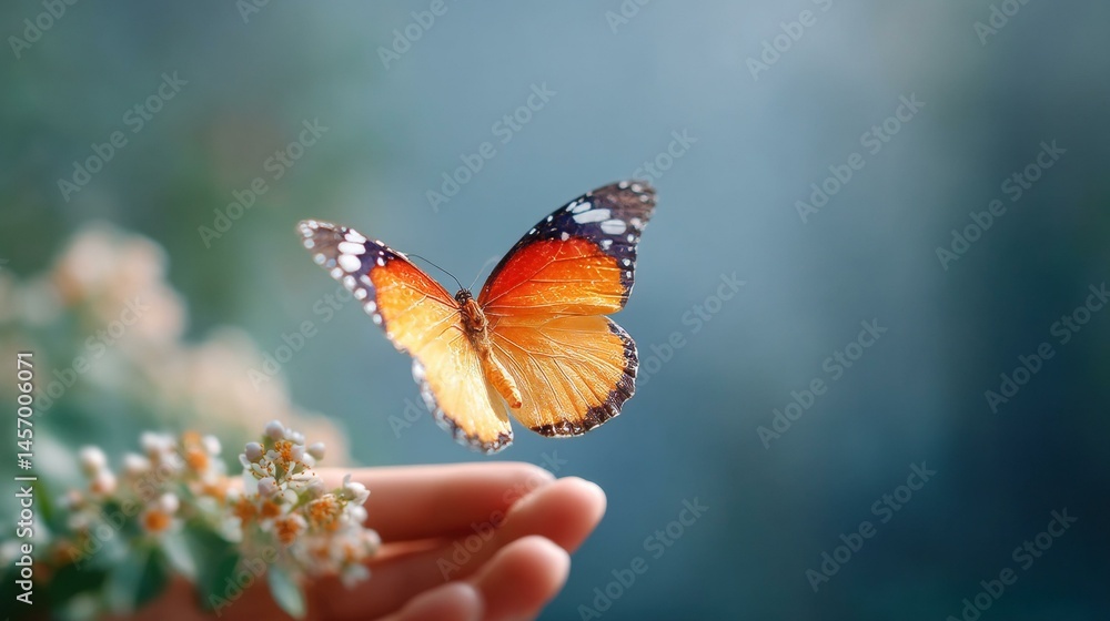 Fototapeta premium Butterfly on hand in nature