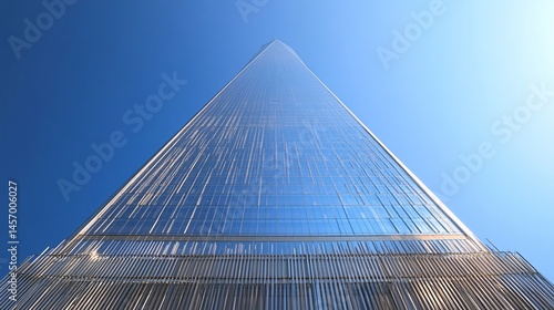 Low-angle view of a modern skyscraper reaching towards a clear blue sky.