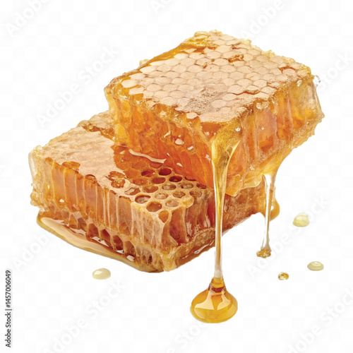 realistic glossy honeycomb dripping liquid honey isolated on transparent background